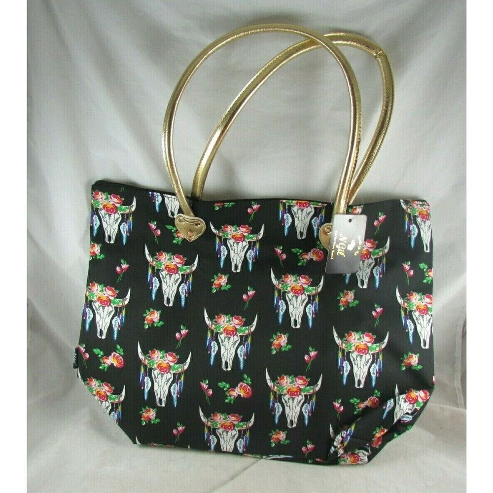 N Gil Life Death Cow Skull Roses Graphic Tote Bag Zip Close Padded Handles New